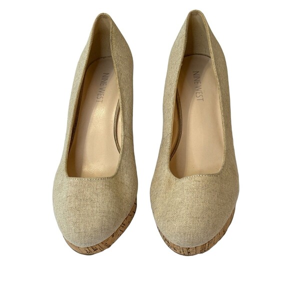 Nine West Beige Cork Wedge Heels Size 7.5M | Linen Look Slip-On Pumps Neutral - Picture 4 of 7
